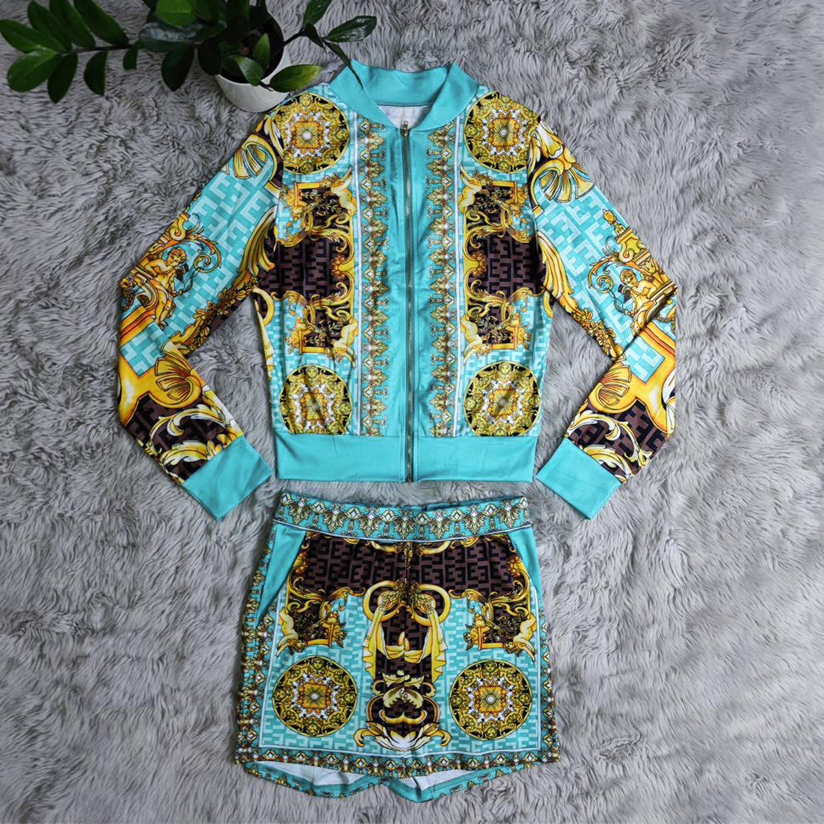 Women Casual Vintage Printed Long Sleeve Top + Shorts Two Piece Set 6