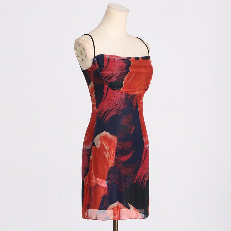 Women summer mesh print bodycon strap dress 9