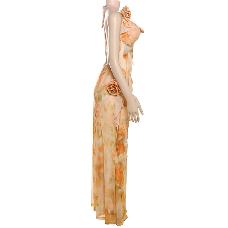 Women Spring Summer Sexy Print Halter Neck Lace-up Mesh V Neck Dress 8