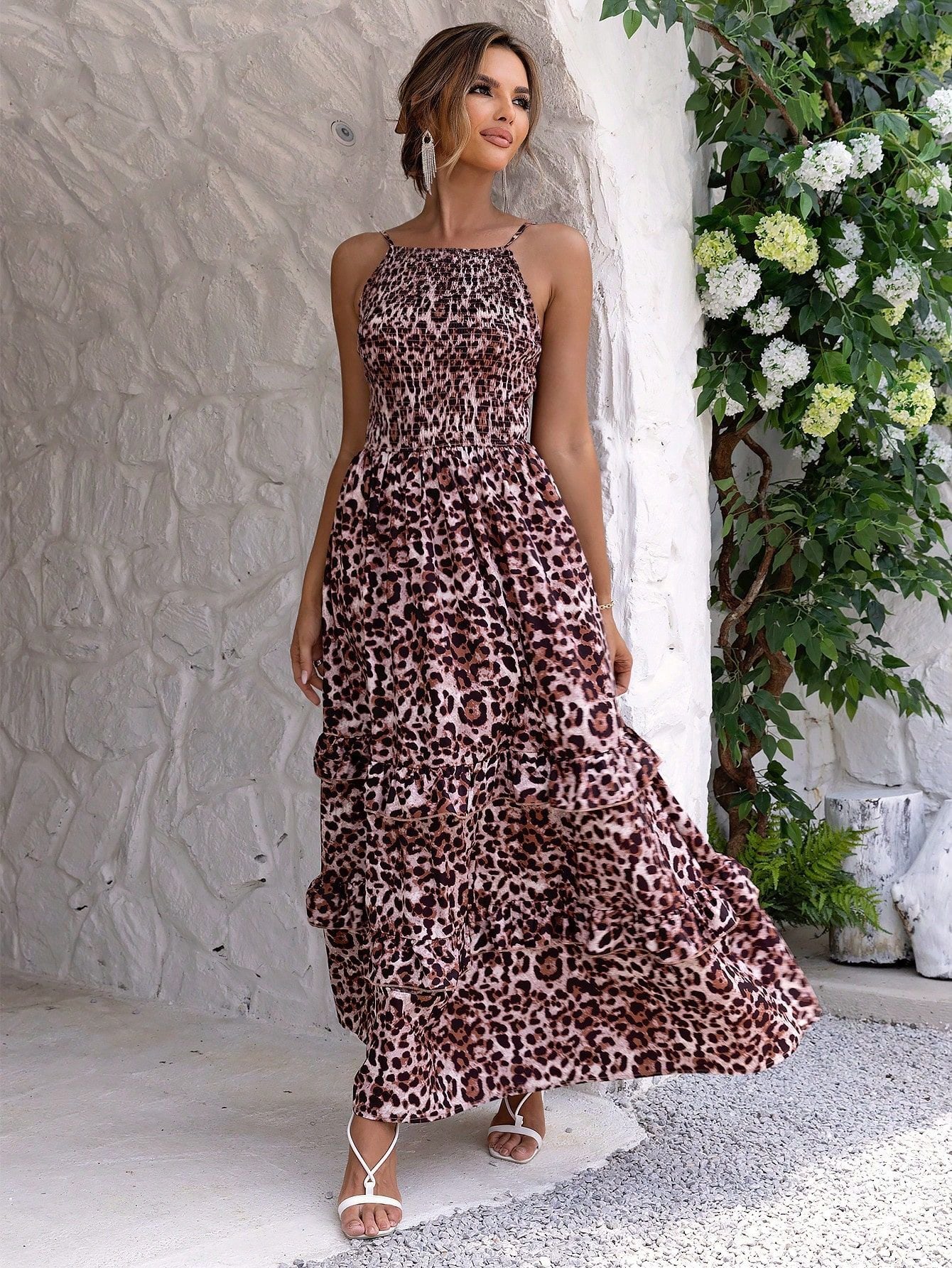 Summer Sexy Fashion Casual Leopard Print Straps A-Line Long Dress 4
