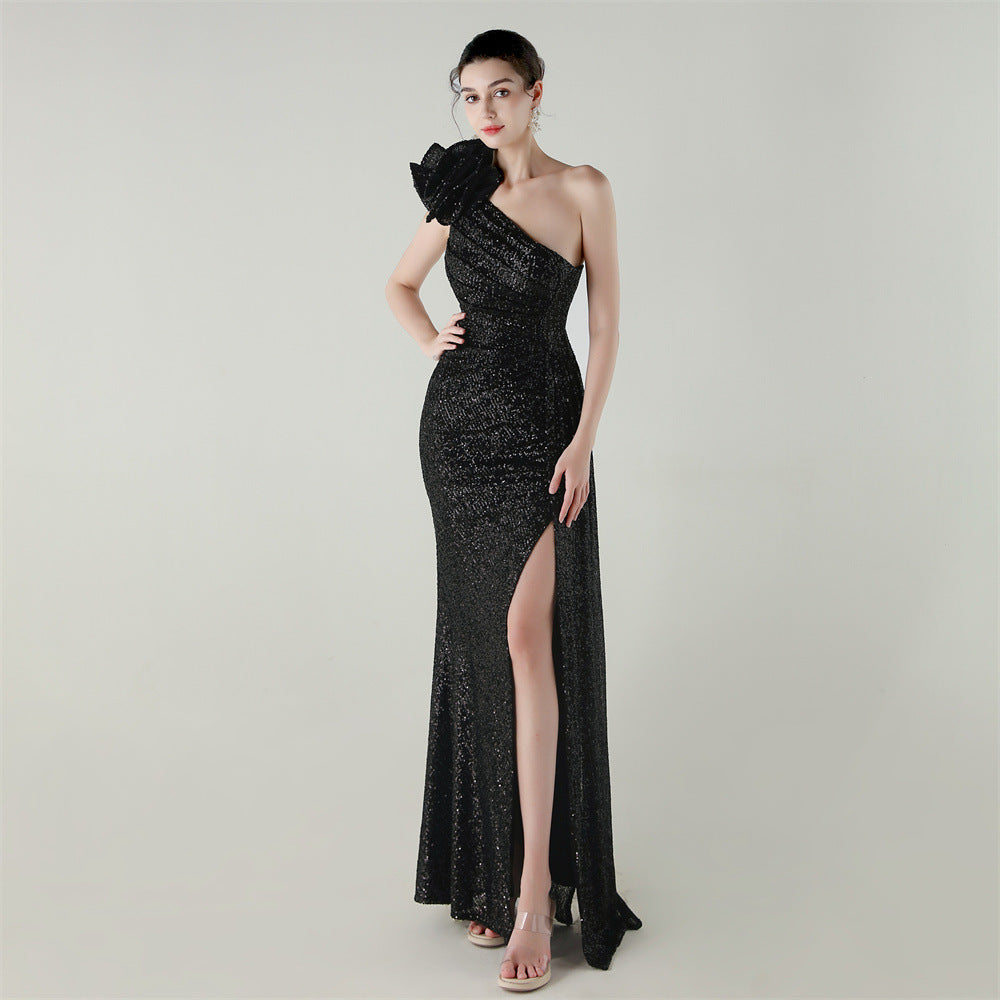 Women one-shoulder sequined flower beaded fishtail evening dress 13