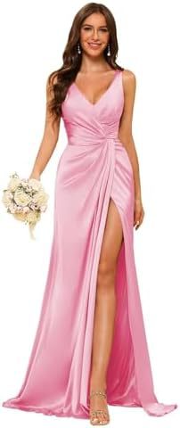 Women's Strap V-Neck Bridesmaid Dress Sleeveless Satin High Slit Prom Dress（Processing time need 3-6 days） 6