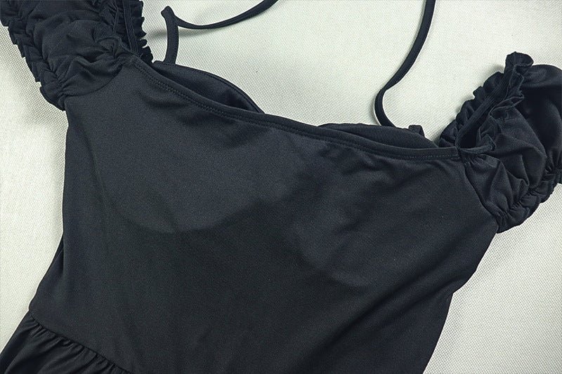 Women's Elegant Chic Solid Slim-Waist Pleated Halter Neck V-Neck Short Dress 13