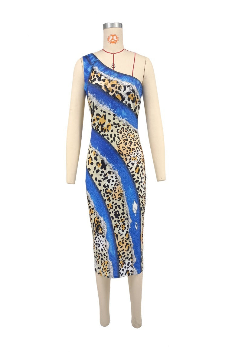Women's One-Shoulder Slash Neck Leopard Print Bodycon Dress 5