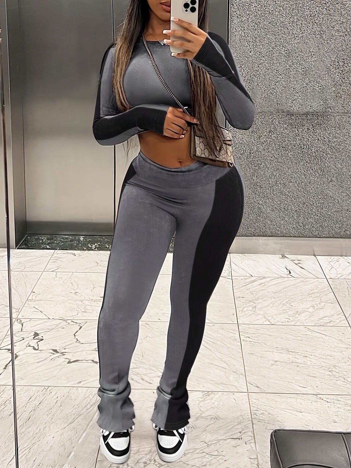 Women Fall and Winter Colorblock Raglan Long-sleeved Top and Pant Casual Two Piece Set