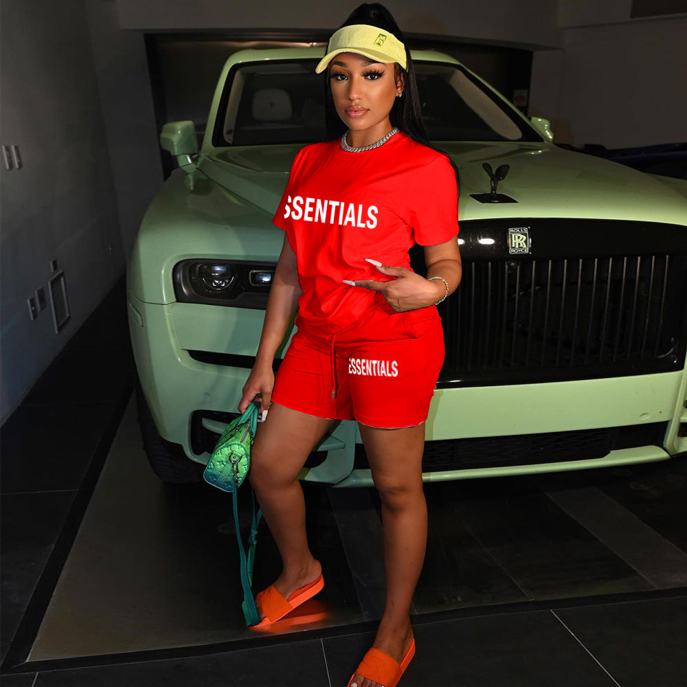 Women's Fashion Casual Letter Print Pocket Lace Up Loose T-Shirt Shorts Sports Two-Piece Set 6