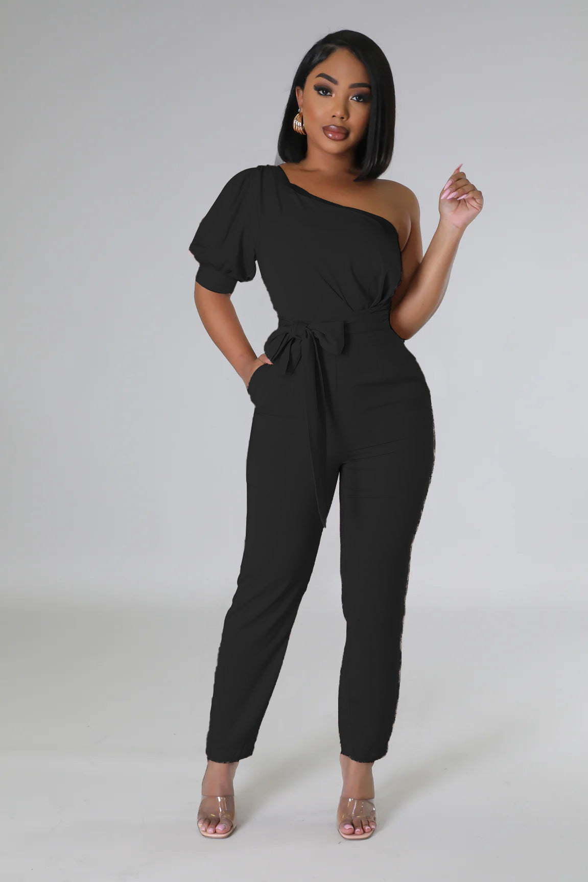 Fashion One Shoulder High Waist Low Back Slim Fit One Piece Trousers Women's Jumpsuit 3