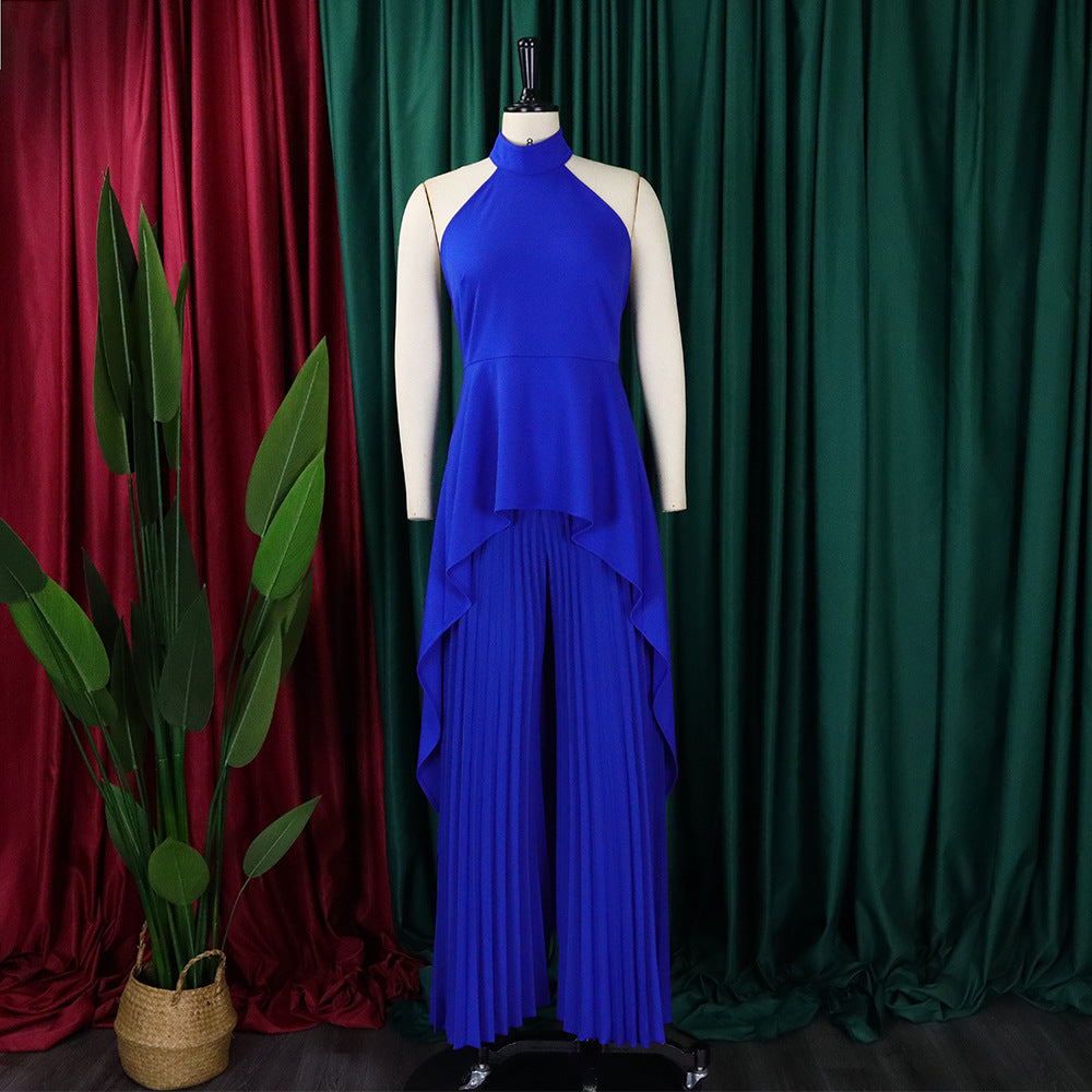 Women's OL Sleeveless Irregular Top Wide Leg Pants Two-Piece Suit 22