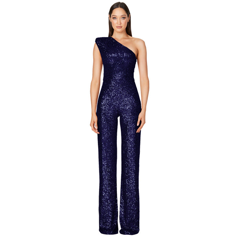 Women's Sleeveless One Shoulder Low Back Sequined Jumpsuit 15