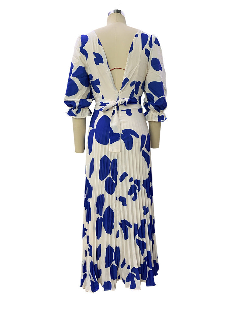 Summer Women's Fashion V-Neck Half-Sleeve Print Maxi Dress 5