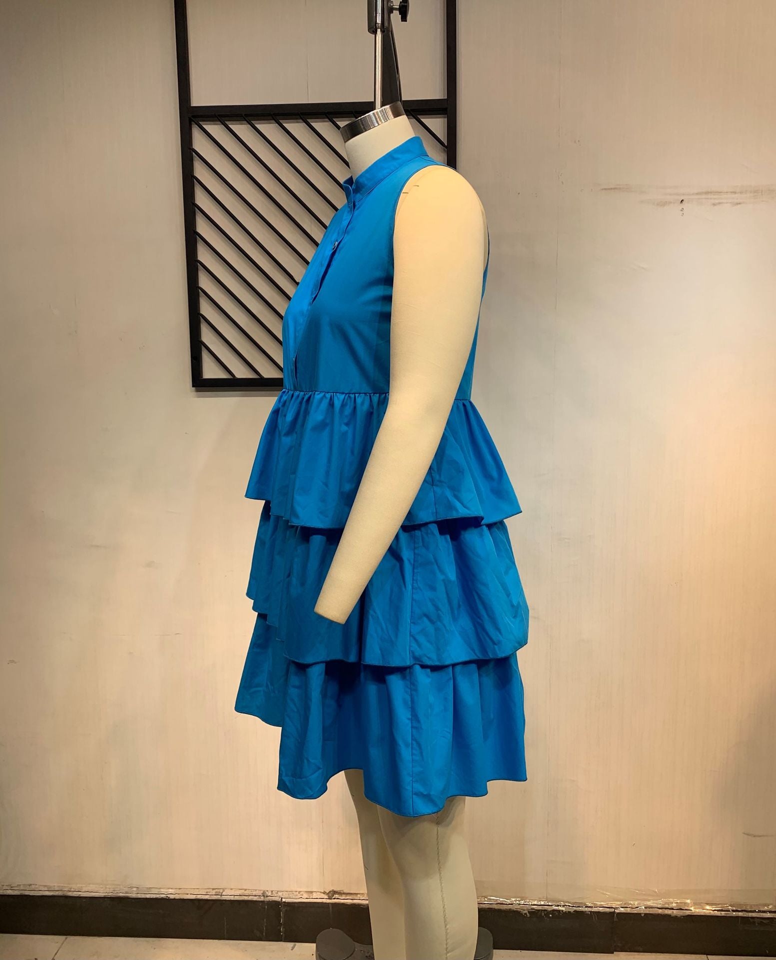Plus Size Women Summer Solid Button Sleeveless Loose Layered Ruffles Dress 12