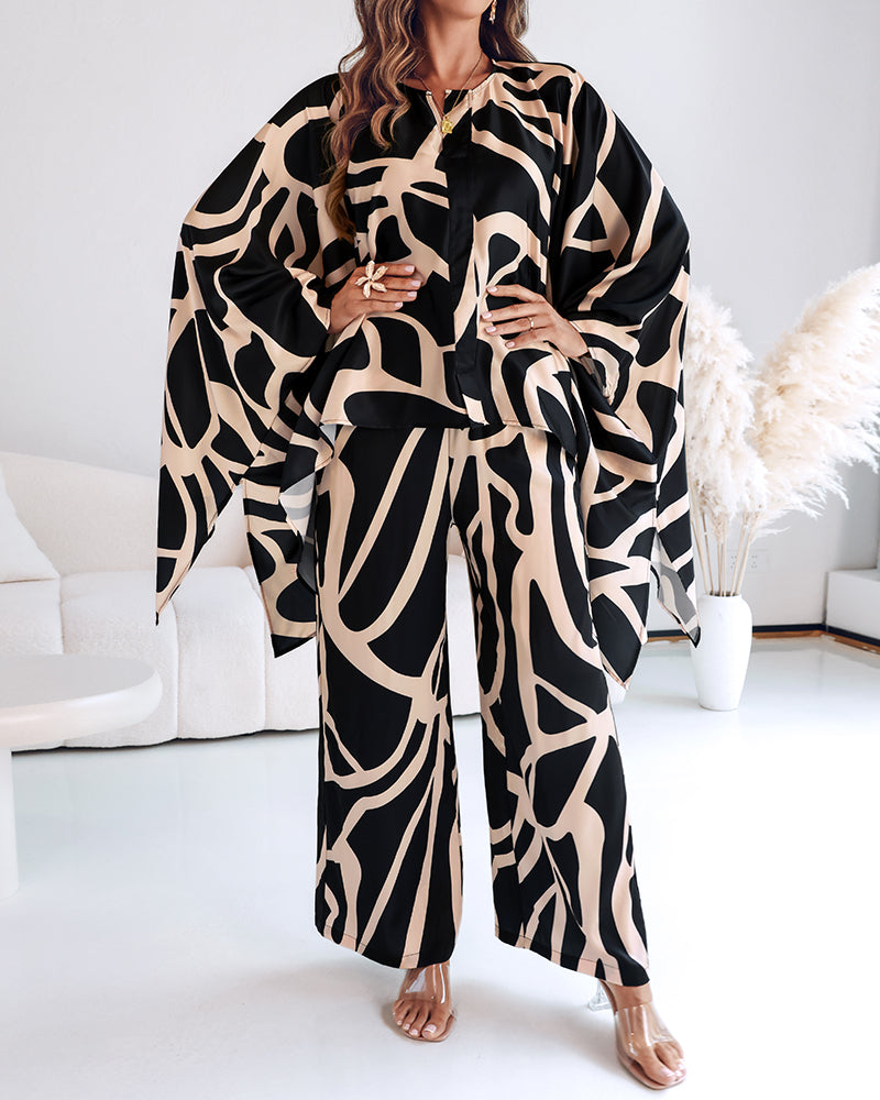 Women's Asymmetric Print Loose Bat Sleeves Pullover Top Wide-Leg Pants Set 5