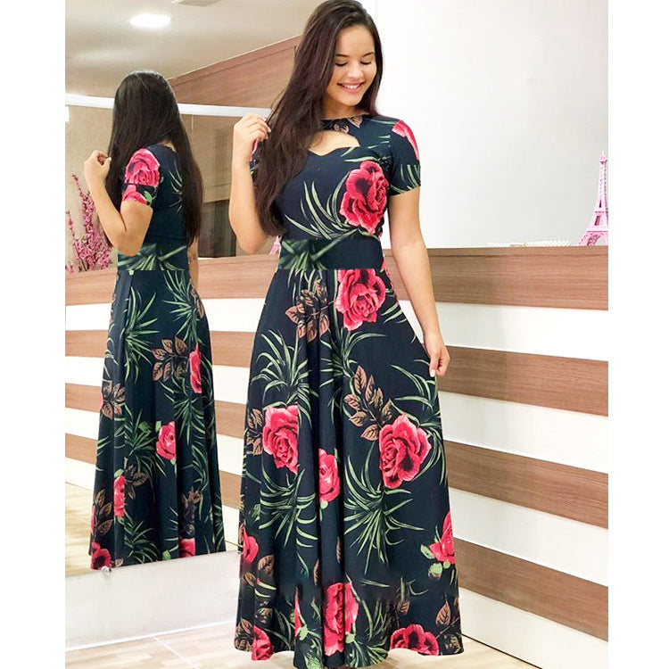 Women Sexy Fashion Floral Botanical Print Short Sleeve Maxi Dress 13