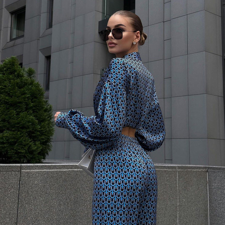 Autumn Chic Outfit Printed Long Sleeve Turndown Collar Shirt Wide-Leg Pants Fashion Two-Piece Suit 5