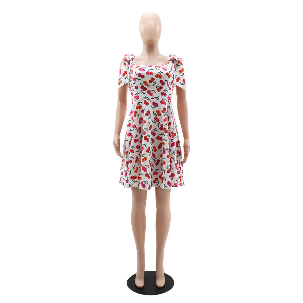 Cherry Print Strap Square Neck Casual Short Dress 3