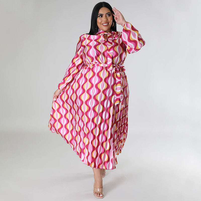 Plus Size Women Lace-Up Long Sleeve Printed Pleated Dress 35
