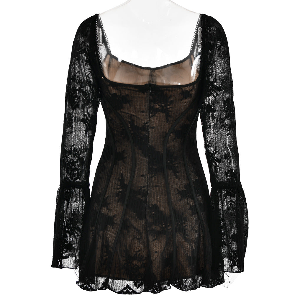Spring Sexy Lace Bell Sleeve Long-Sleeve Low Back Bodycon Short Dress 18