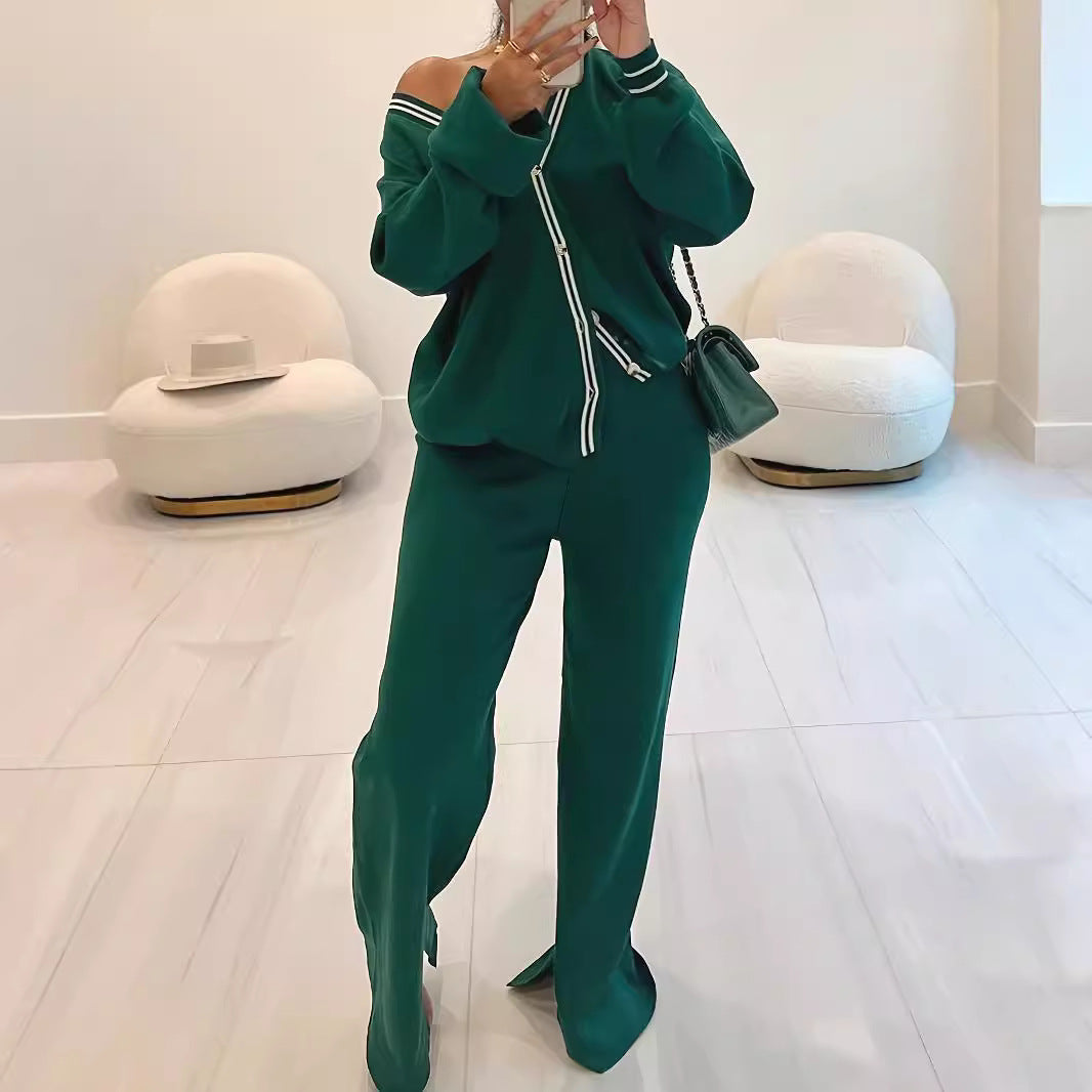 Women Solid Knitting Jacket and Casual Pant Two-piece Set