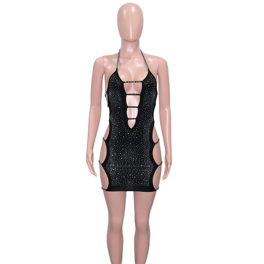 Women Sexy Hollow Out Backless Rhinestone Dress 7