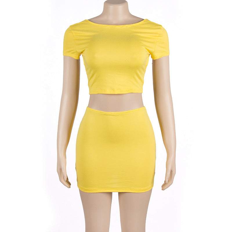Summer Solid Color Round Neck Short Sleeve Crop Topp Sexy High Waist Bodycon Women's Short Skirt Two Piece Set 9