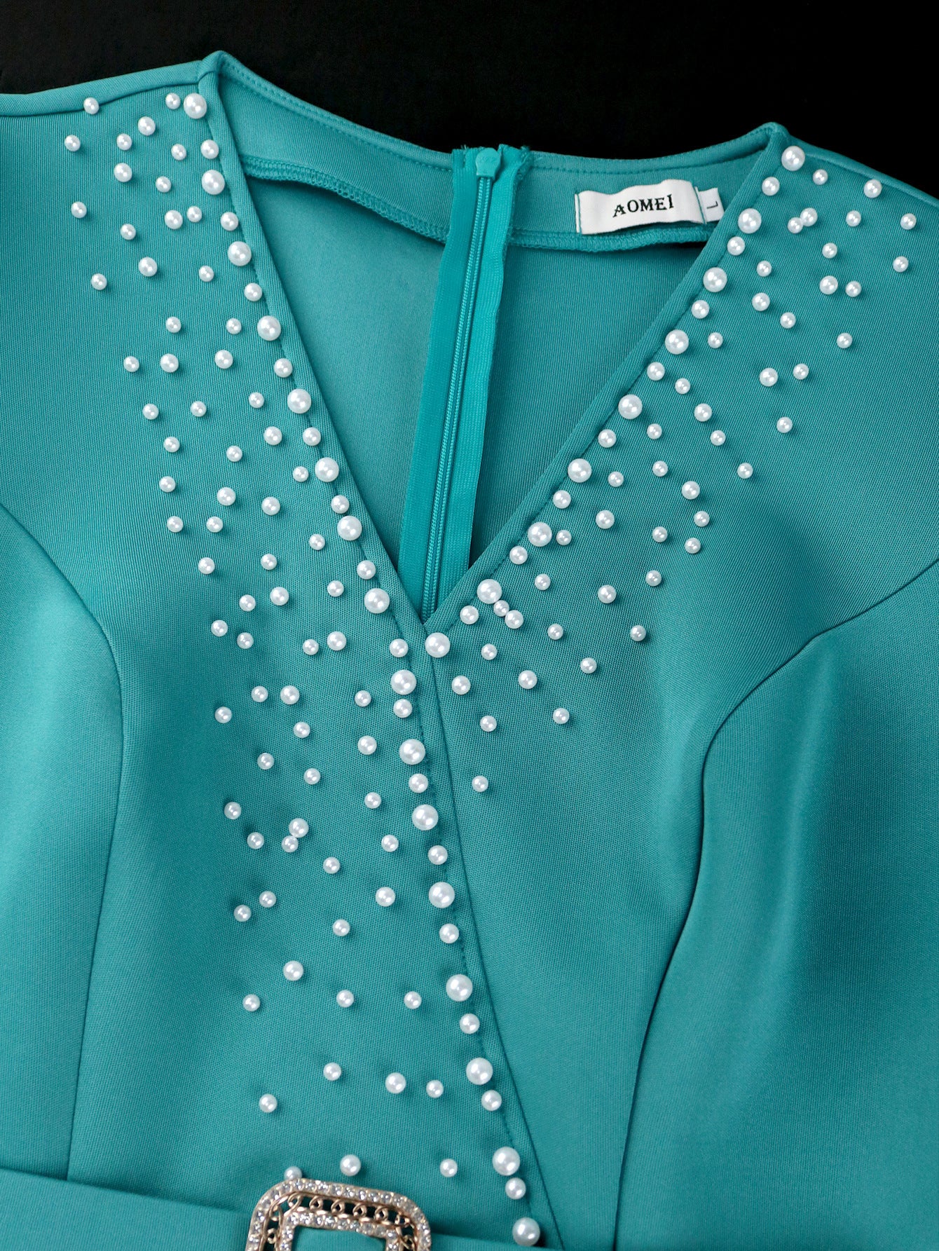 Fashion V-Neck See-Through Puff Sleeve High Waist Midi Dress 11