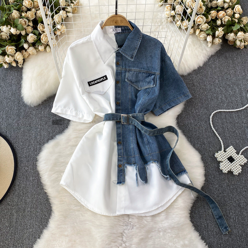 Color Block Turndown Collar Slim Waist A-Line Single Button Denim Shirt Irregular T-Shirt Dress