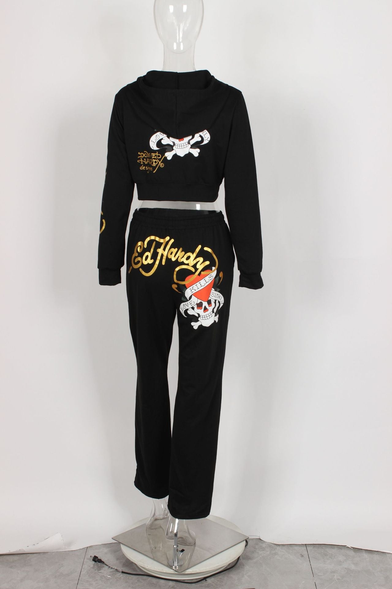 Fashionable street printed zipper short hoodies high waist straight trousers two piece set 23