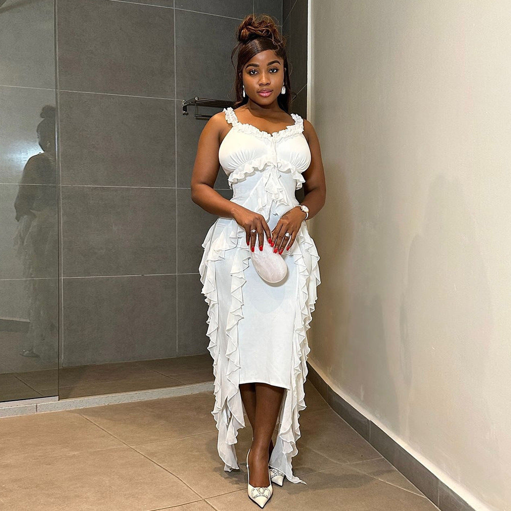 Sexy Strap Ruffled Solid Color Women's Fashion Slim Long Dress 3