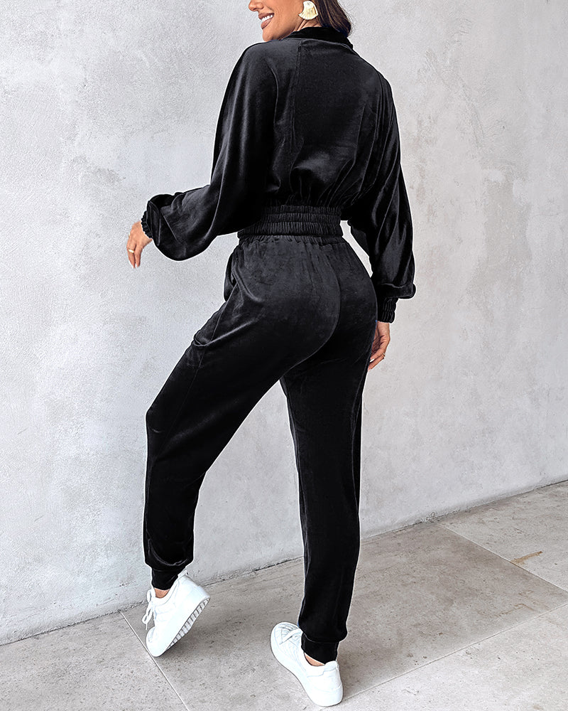 Women Turndown Collar Zipper Velvet Hoodies And Casual Sweatpants Two-Piece Set 7