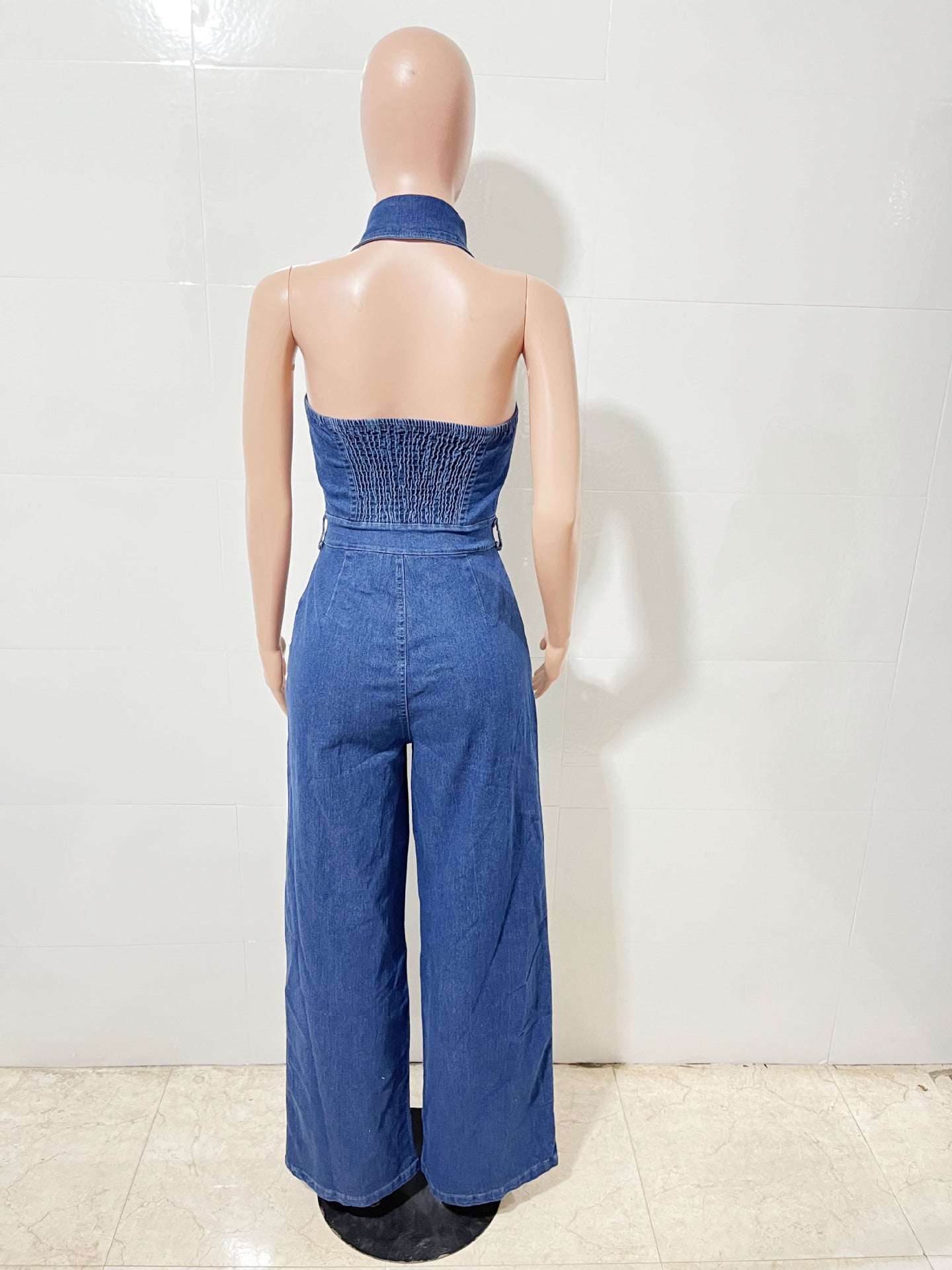 Women's Fashion Sexy Low Back Turndown Collar Halter Sleeveless Wide-Leg Denim Jumpsuit 7