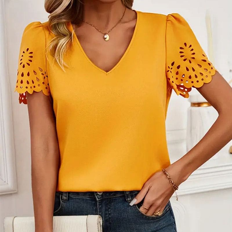 Women's Career Hollow short-sleeved tops v-neck solid color t-shirts 5
