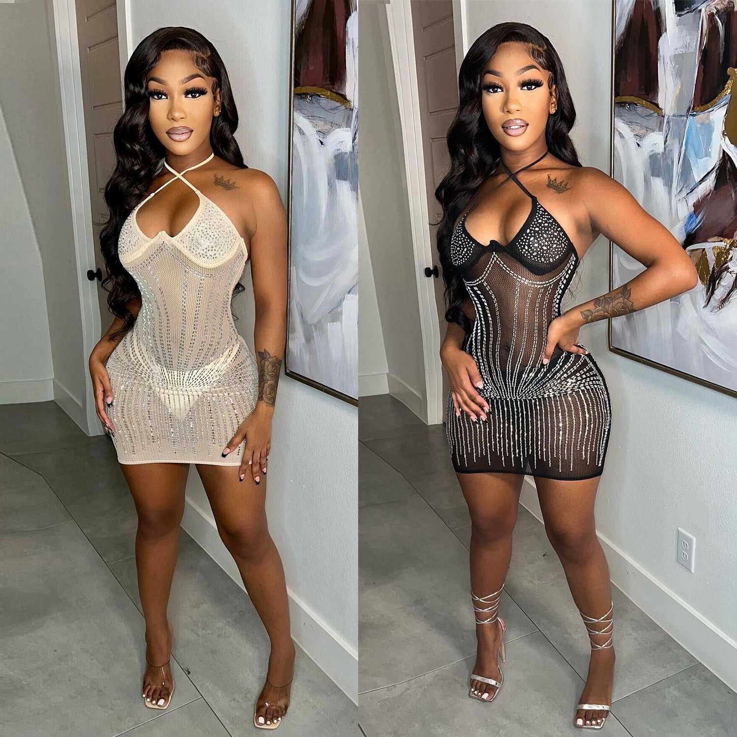 Women Summer Sexy Straps Beaded Mini Bodycon Dress