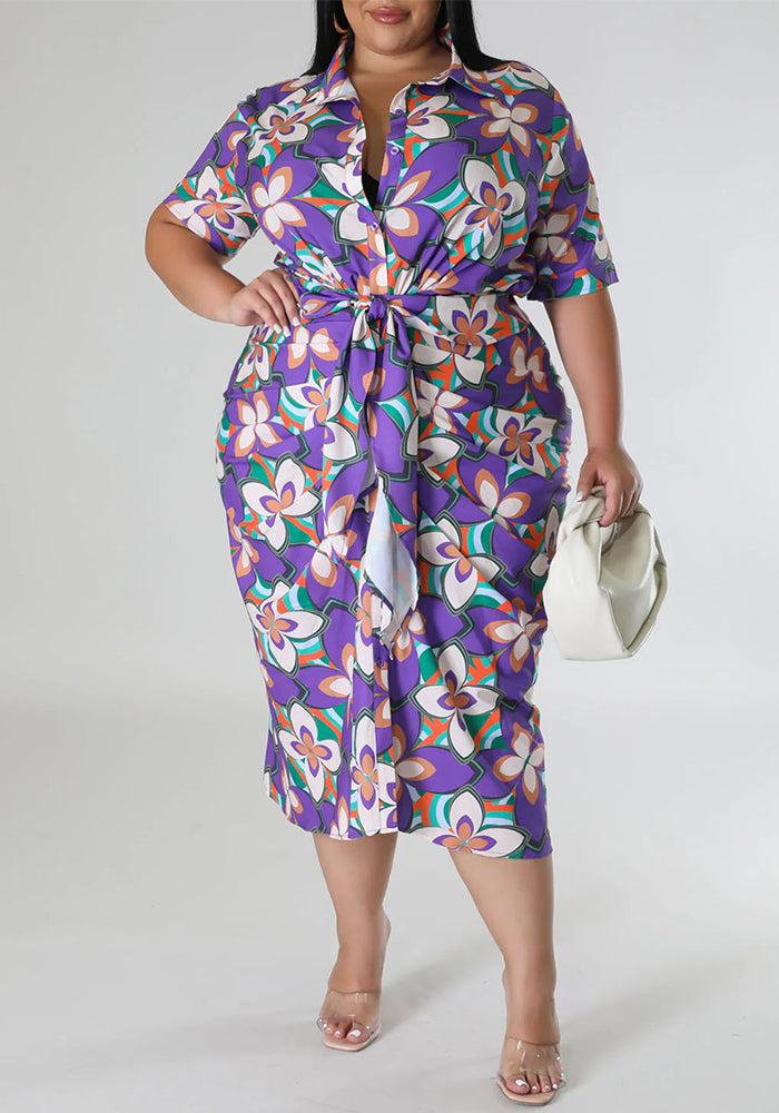 Plus Size Women's Printed Slim Waist Chic V-Neck Slit Belted Shirt Dress