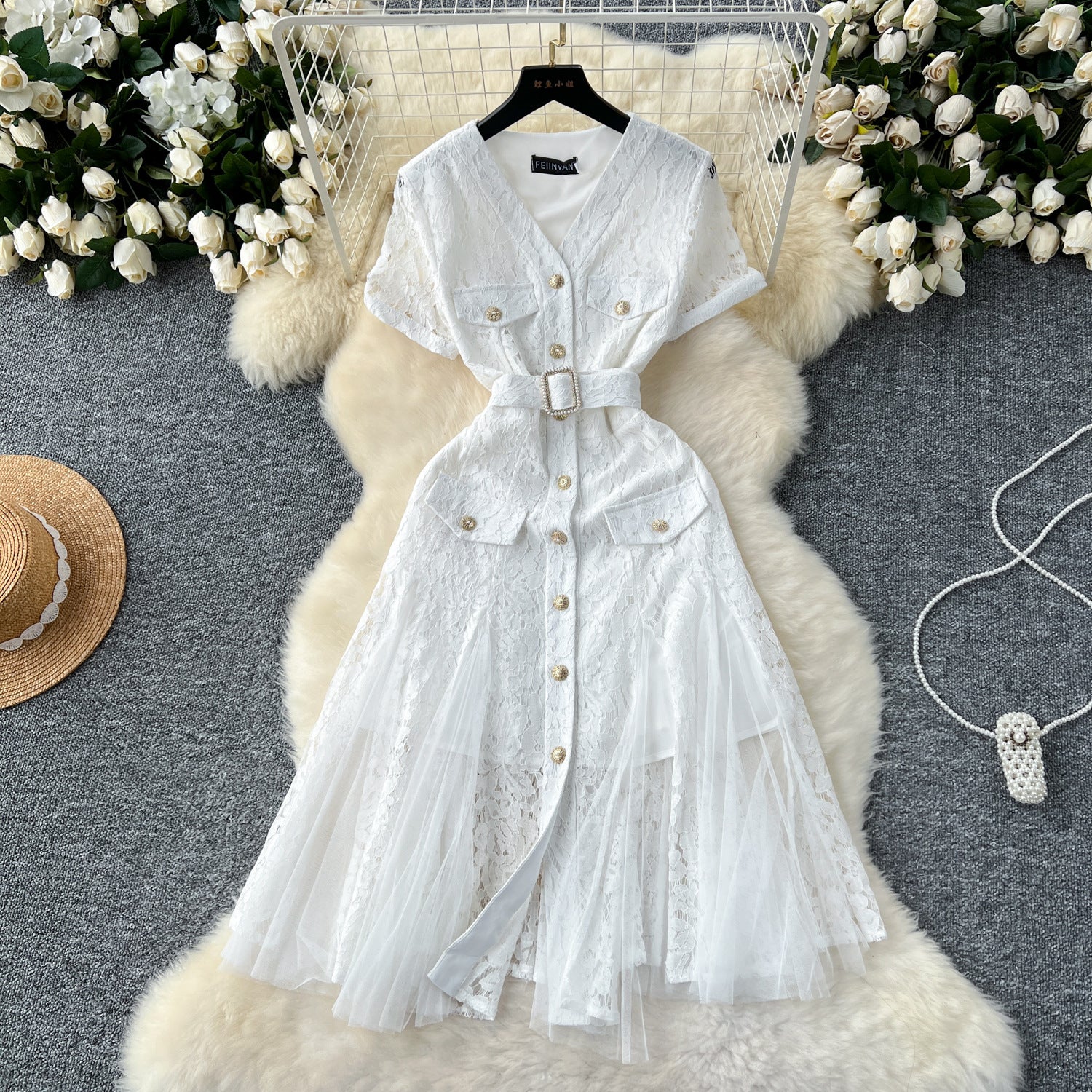 Women French V-Neck Metal Buttoned Mesh Patchwork Lace Ruffle Dress 4