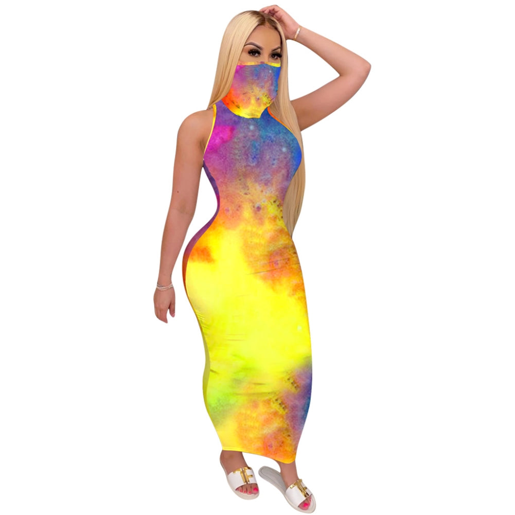 Tie Dye Sexy Sleeveless Tight Midi Dress with Face Cover 4