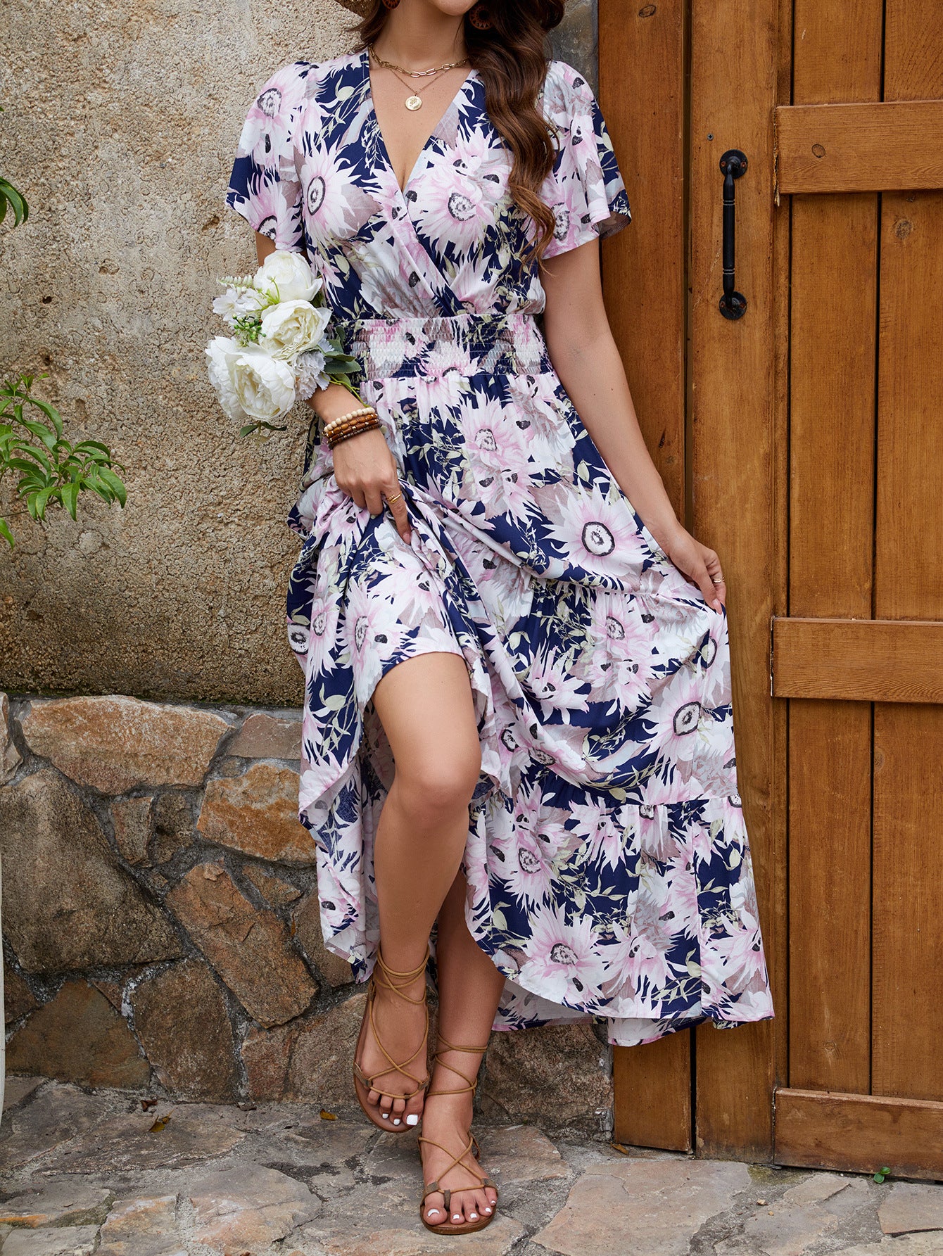 Women V-neck ruffle print Holidays dress