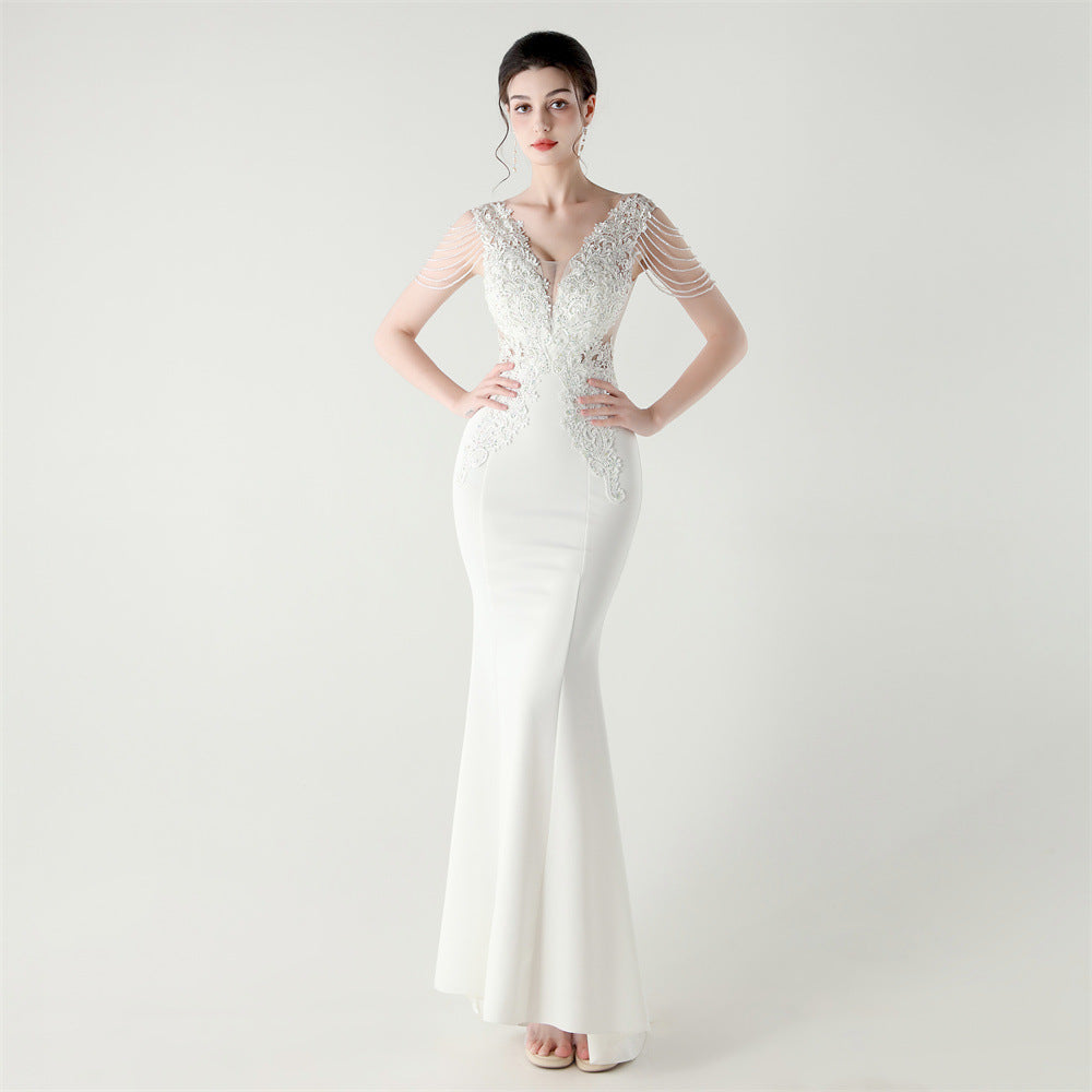 Women lace Beaded Lace-Up Formal Party evening dress