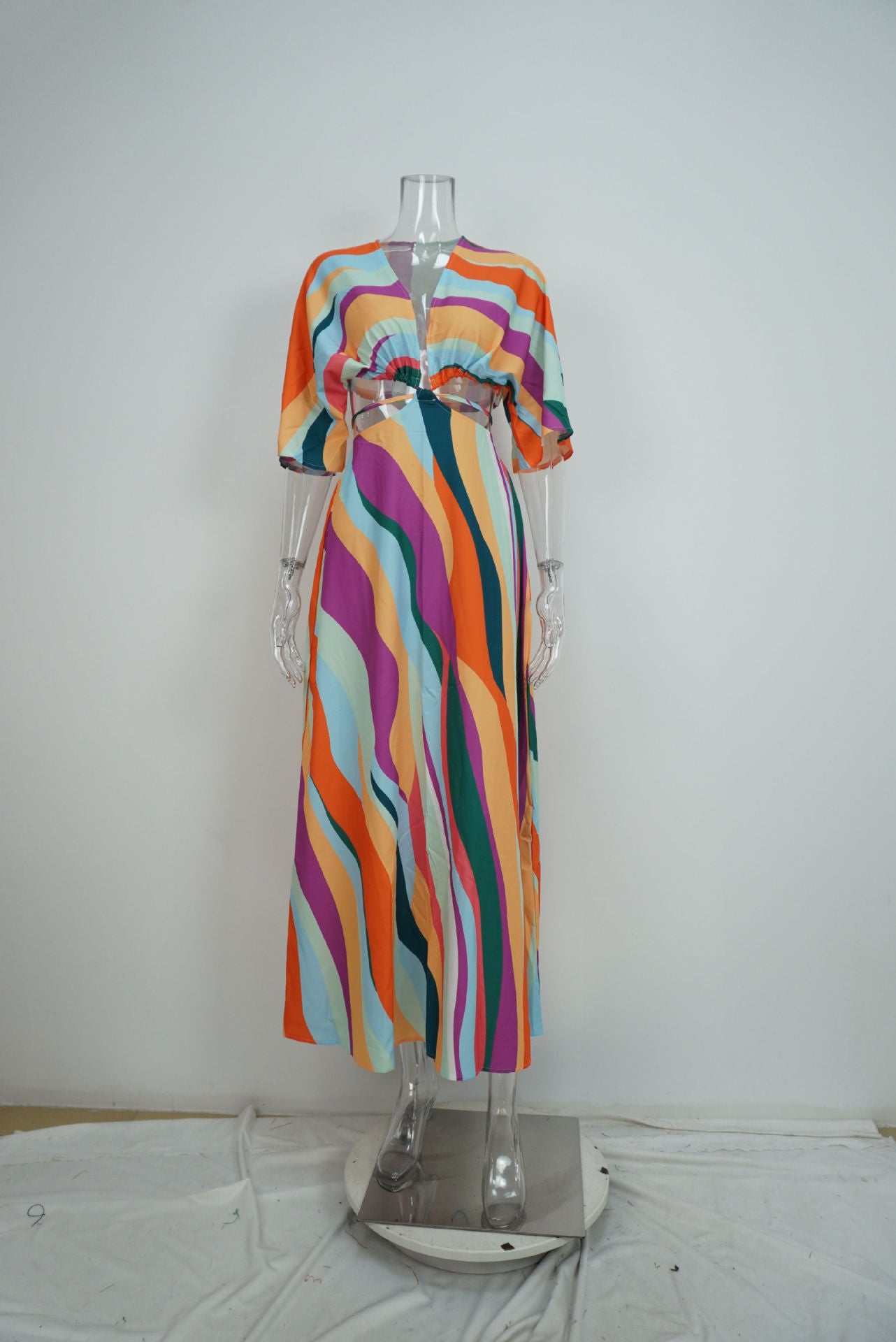 Women Spring Printed Sexy V-Neck Lace-Up Dress 6