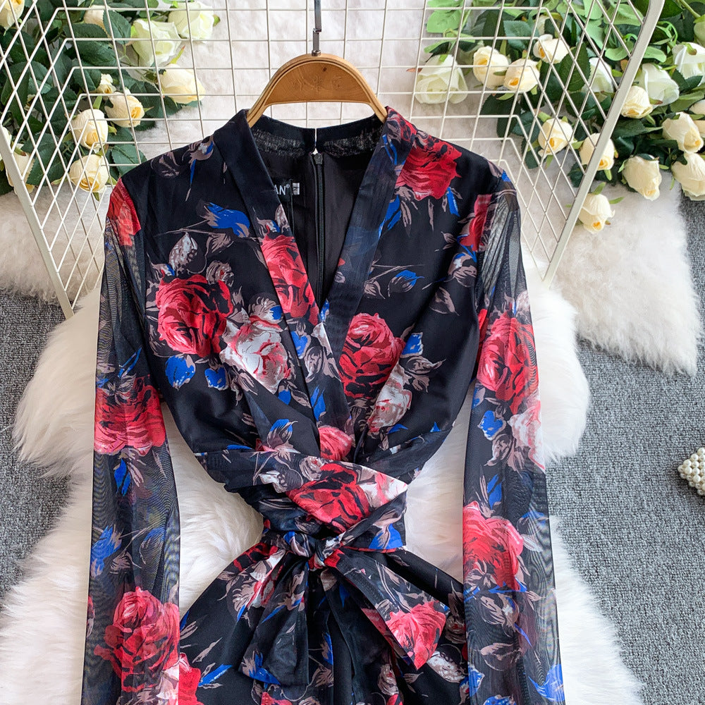 Women French Style Long-Sleeved V-Neck Lace-Up Maxi Print Bodycon Dress 33