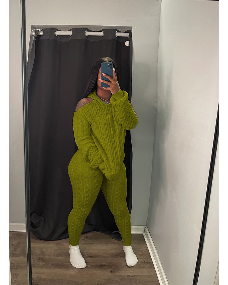 Women's Fashion Solid Color High Stretch Knitting Hooded Sweater Slim Long Pants Two Piece Set 4