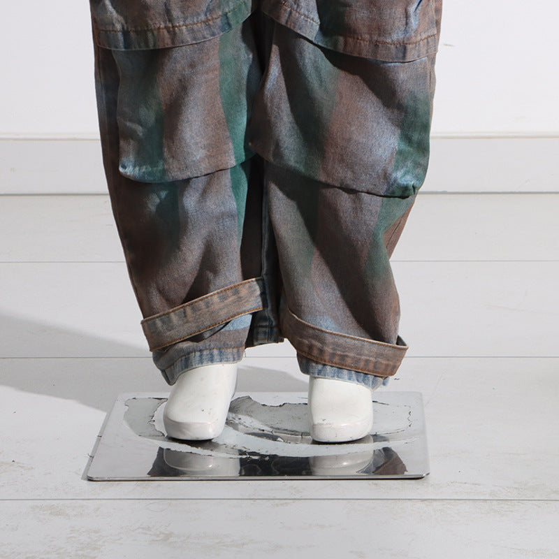 Women Tie Dye Loose Loose Multi Pockets Graffiti Cargo Denim 14