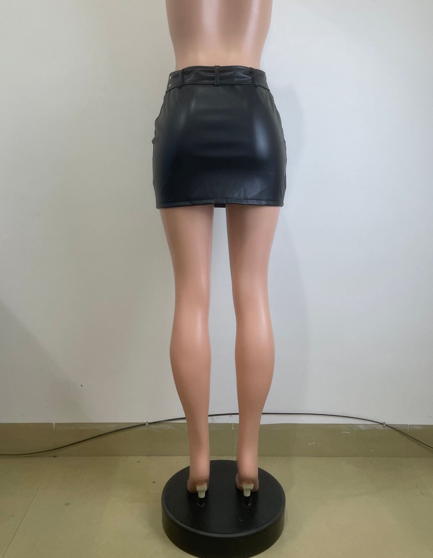 Women's Belt Pu Leather Bodycon Slit Short Skirt 9