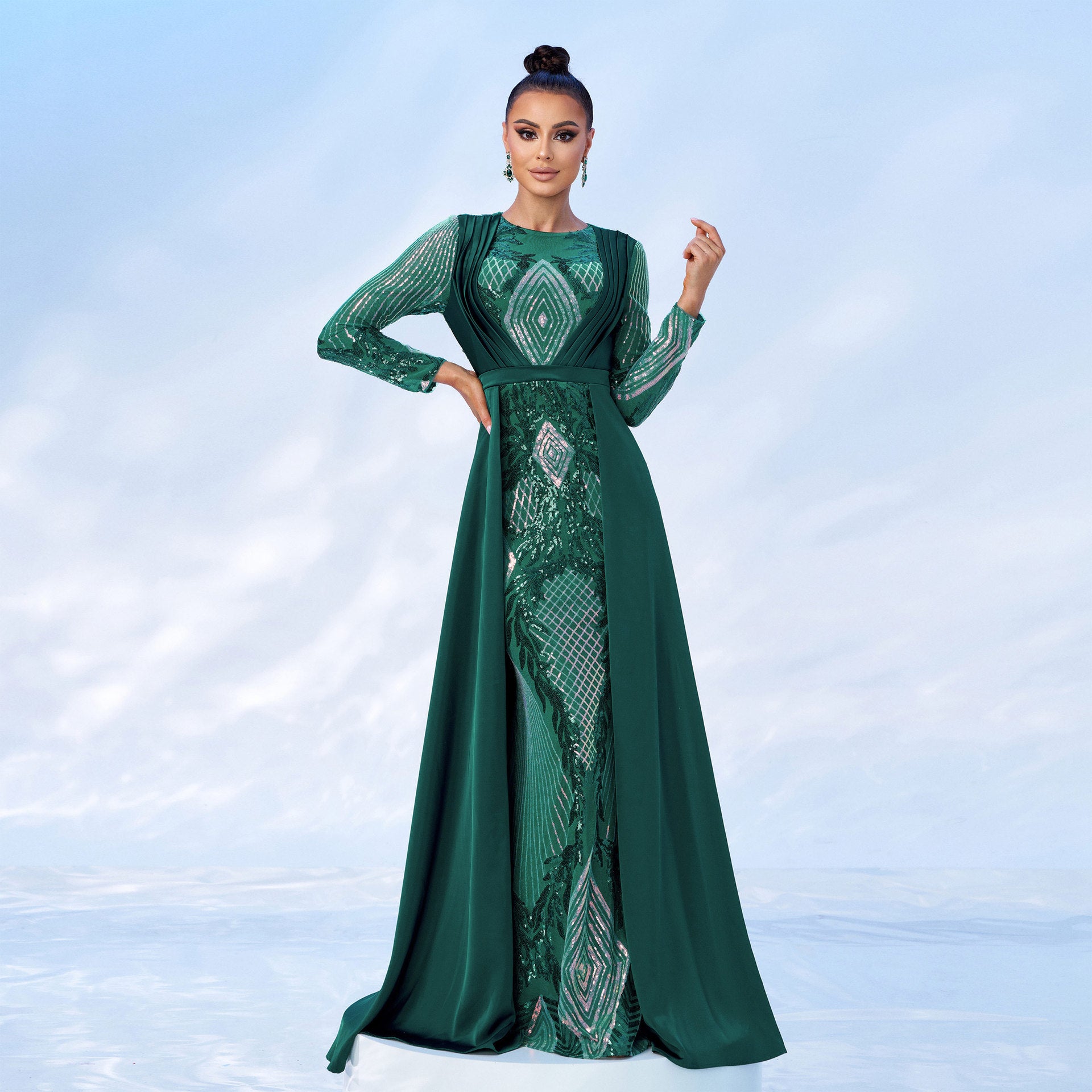 Women Long Sleeve Round Neck Sequined Formal Party Maxi Cape Fishtail Evening Dress 3
