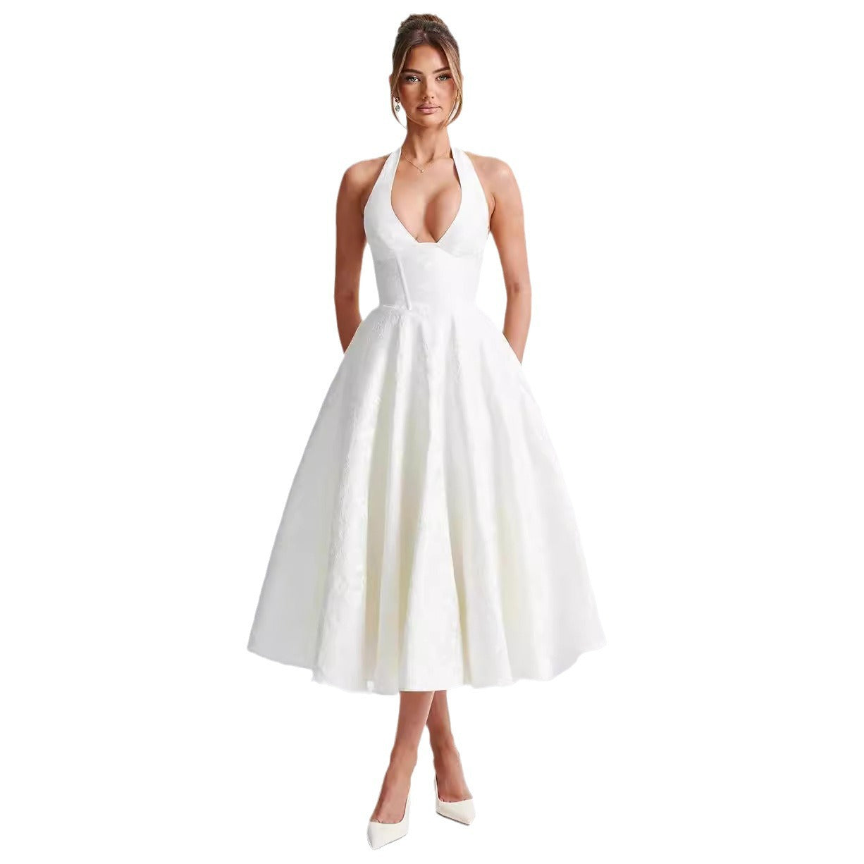 V Neck Halter Neck Jacquard Lace Long Dress Slim Waist Holiday Gown 7