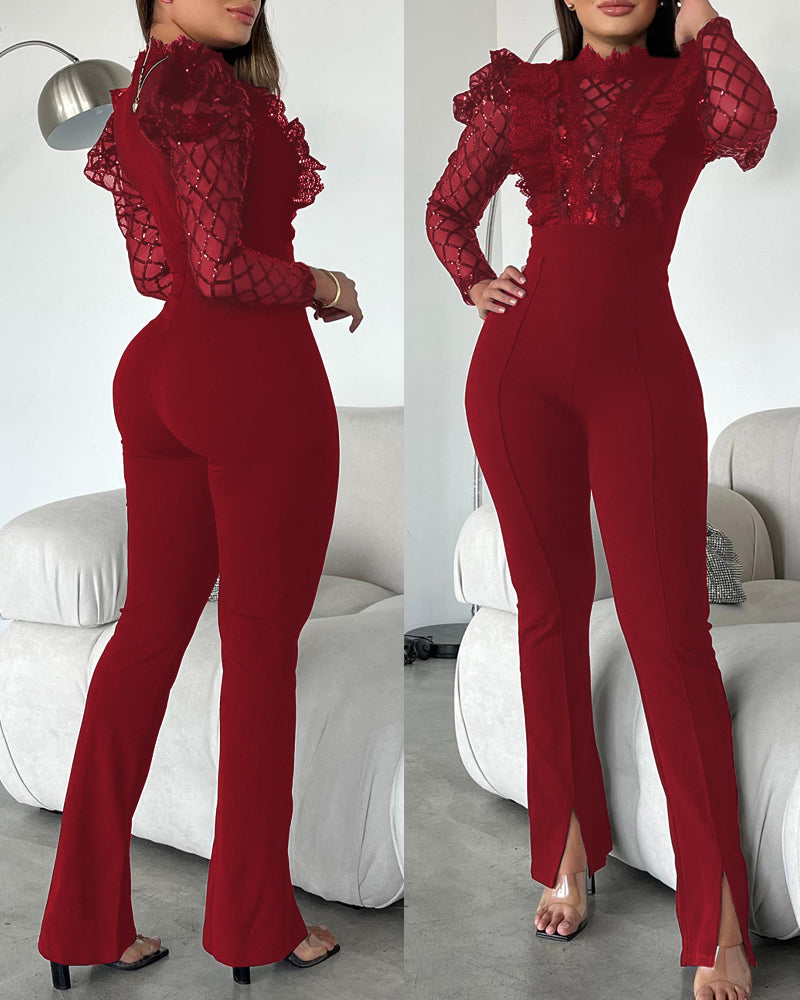 Women black sequin lace long sleeve slit jumpsuit 3