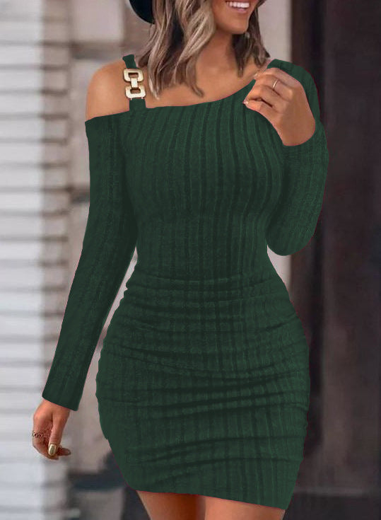 Autumn And Winter Solid Color Metal Buckle Slash Shoulder Tight Fitting Sexy Long-Sleeved Bodycon Slim Dress For Women 5