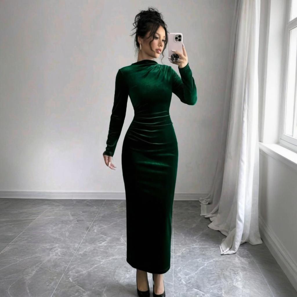 Women's Chic Solid Color Long Sleeve Slim Midi Dress 9