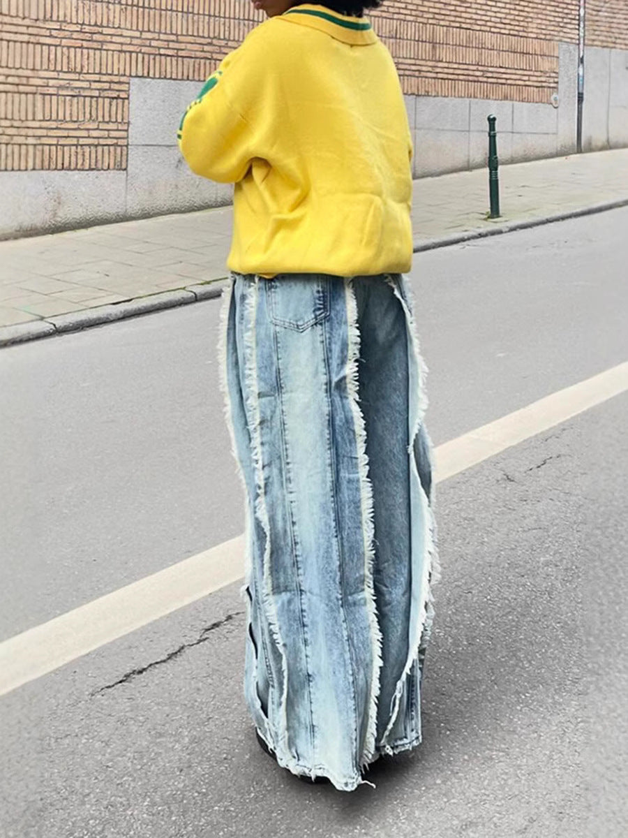 Women's Patchwork Fringe Raw Edge Denim Pants 4