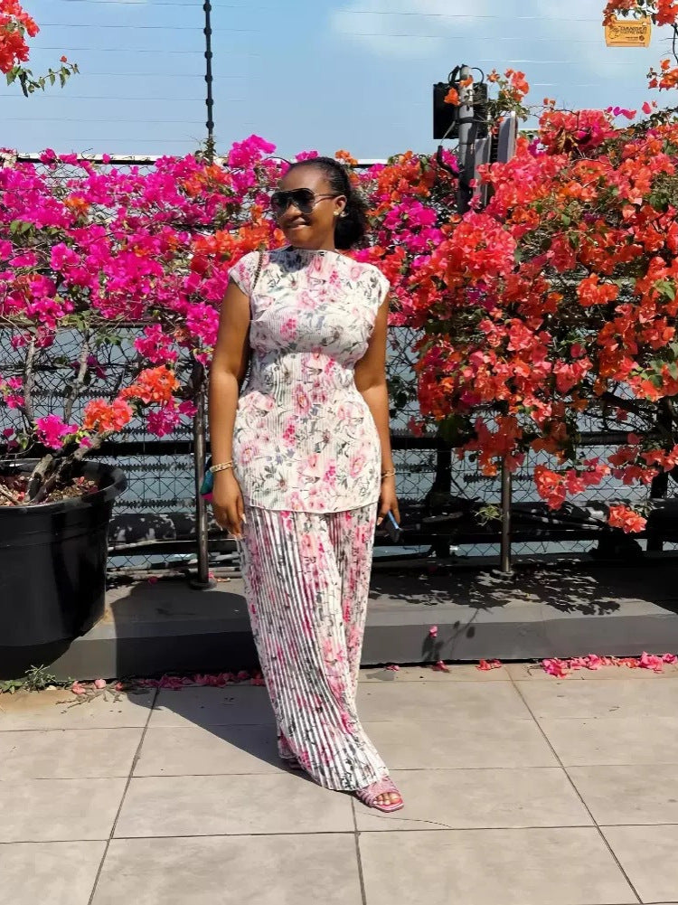 Women's Flower Pleated Top & Loose Pants Set 3