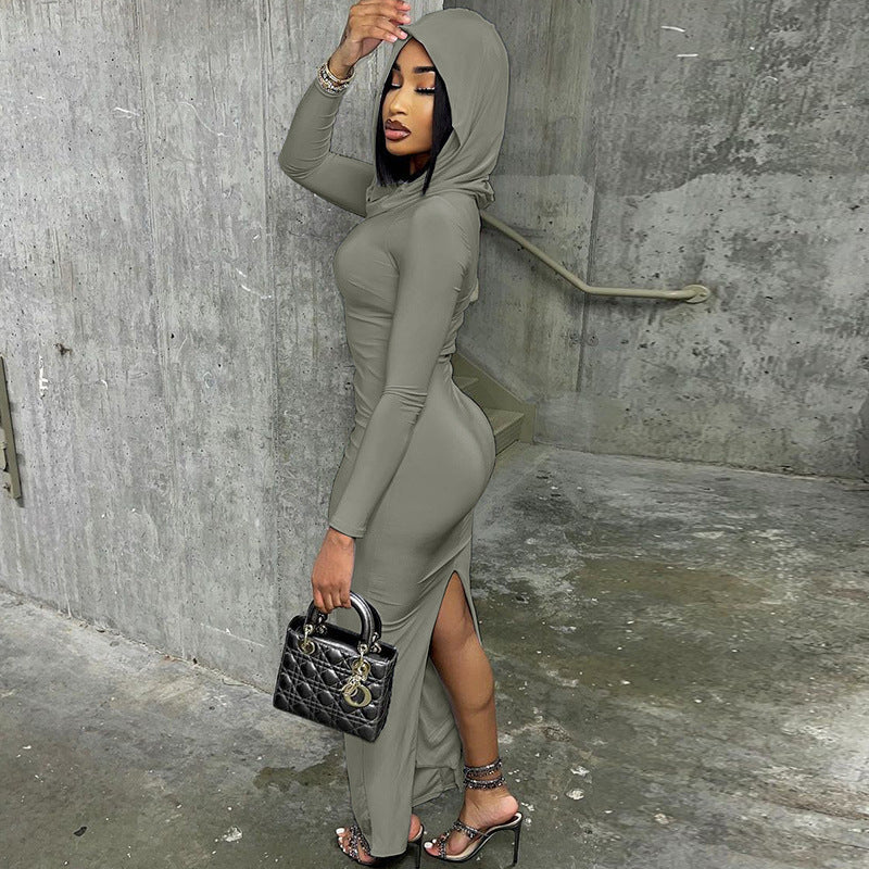 Women Casual Hooded back slit dress 12